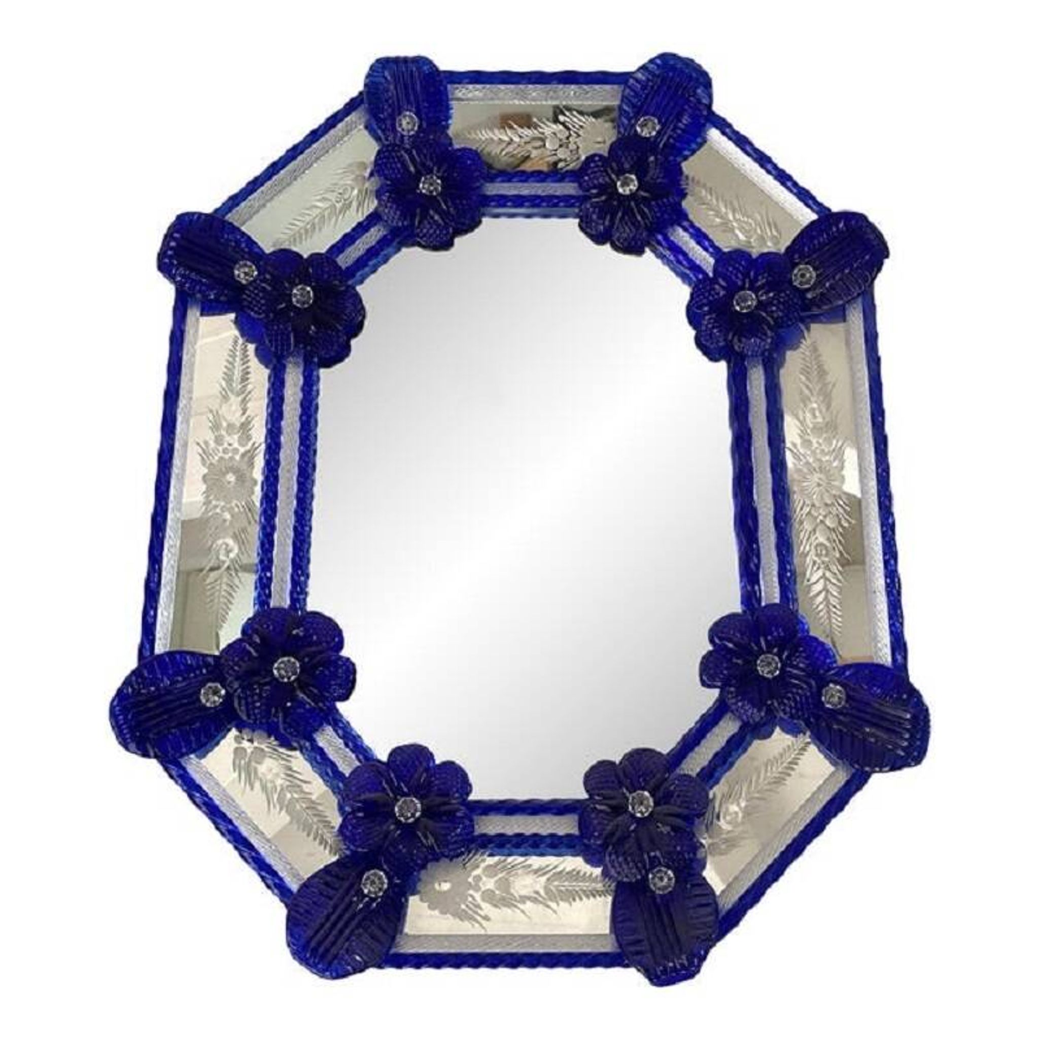 Miroir vénitien octogonal bleu floréal sculpté à la main dans le style du verre de Murano
