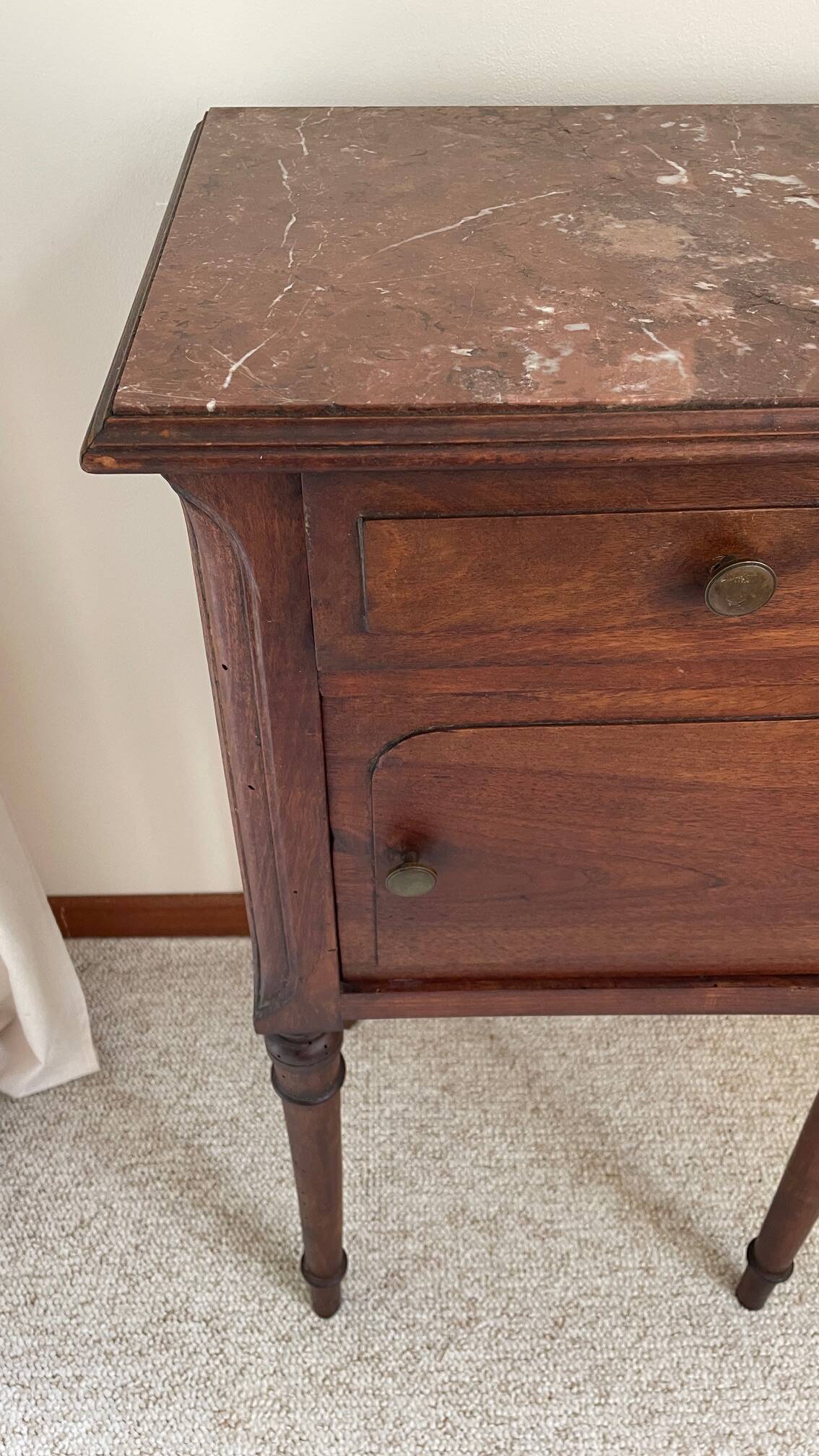 Antique bedside table in wood and marble