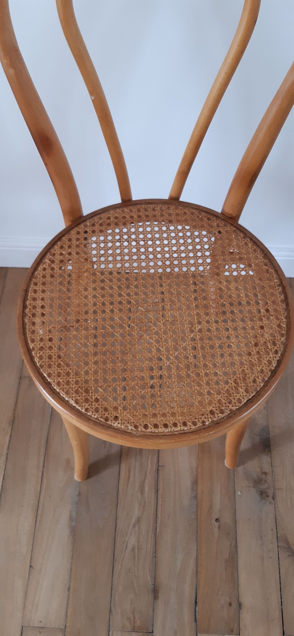 Set of 4 bistro chairs in turned wood and cannage rattan 50s