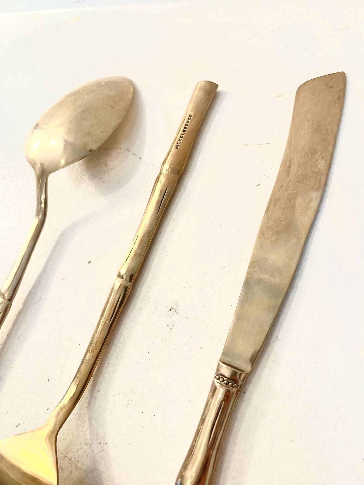 Gold service cutlery trio, bamboo, Hollywood Regency - circa 1