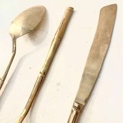 Gold service cutlery trio, bamboo, Hollywood Regency - circa 1