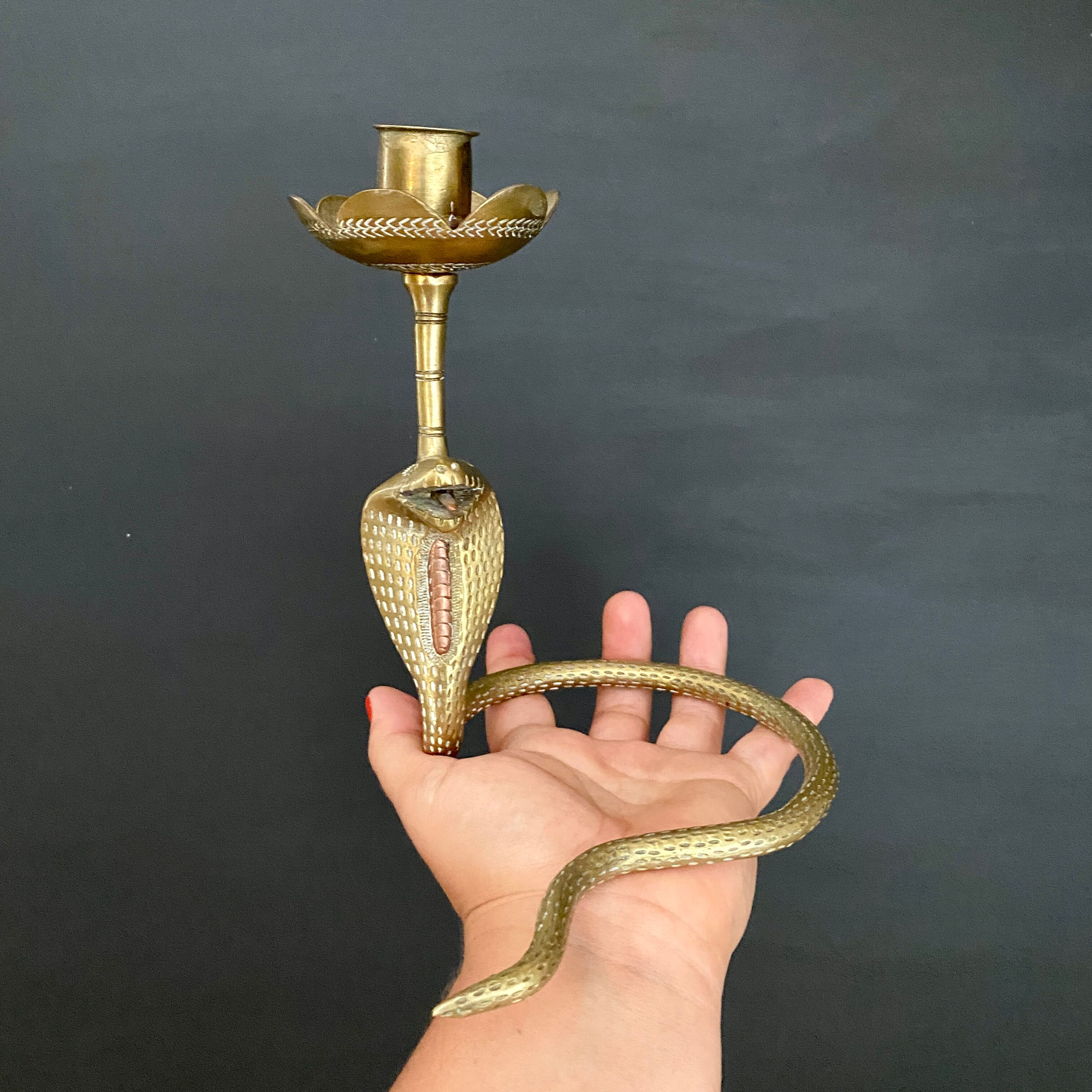 Brass candle holder in the shape of cobra -snake