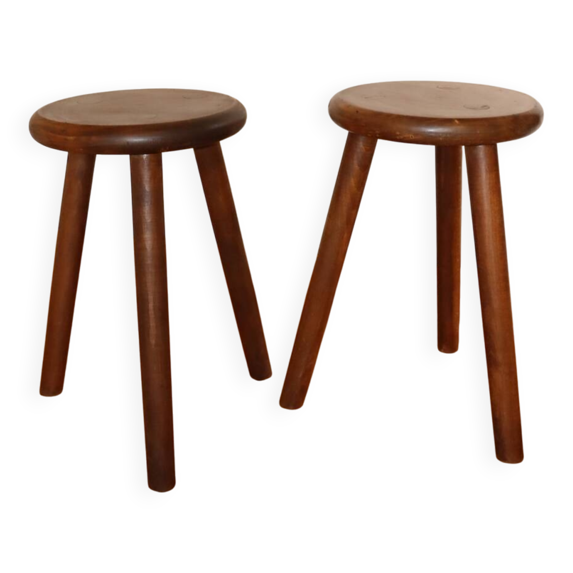 Paire de tabourets tripodes en bois teinté