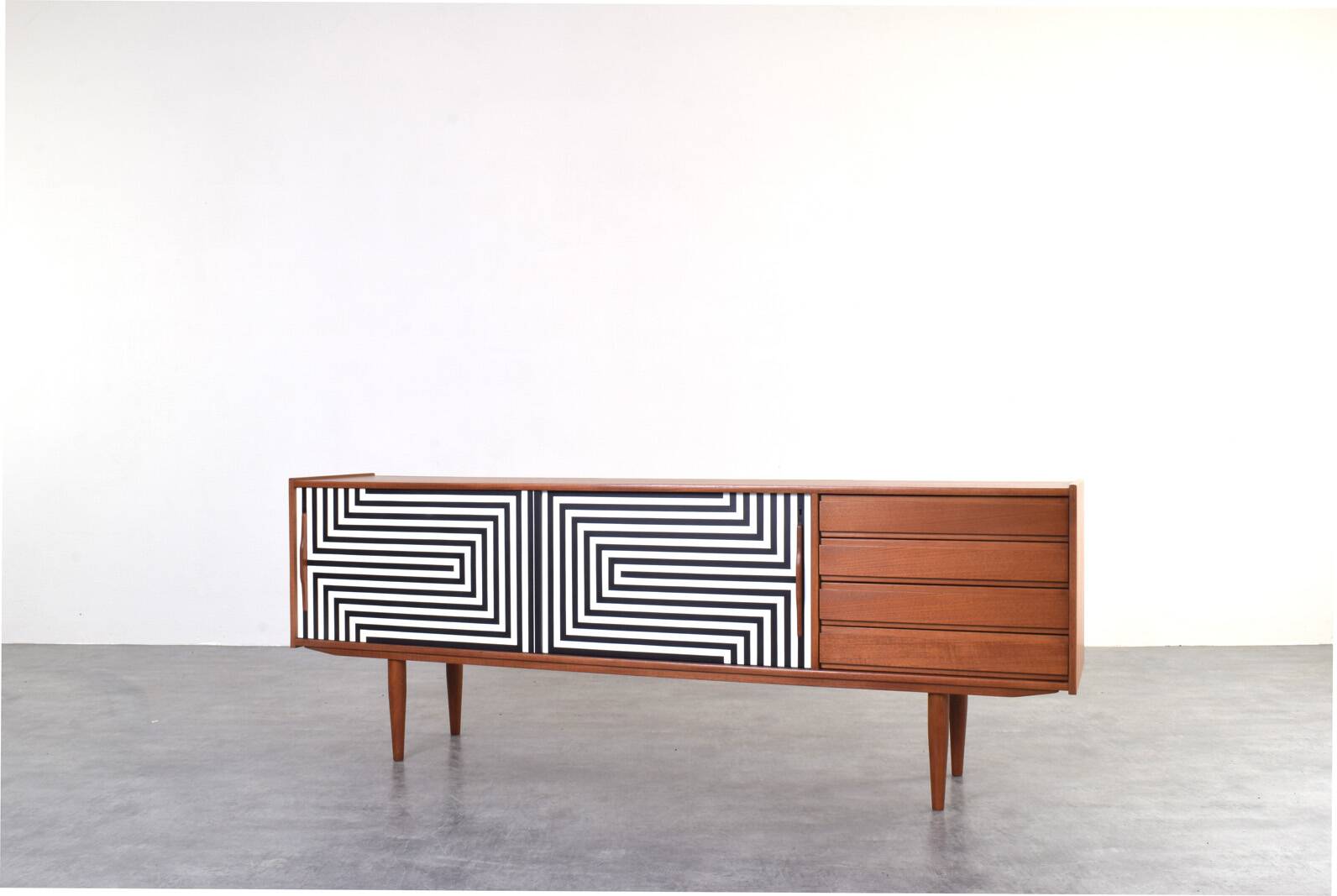 Mid-Century Op-Art Hand-Painted Danish Teak Sideboard, 1960s