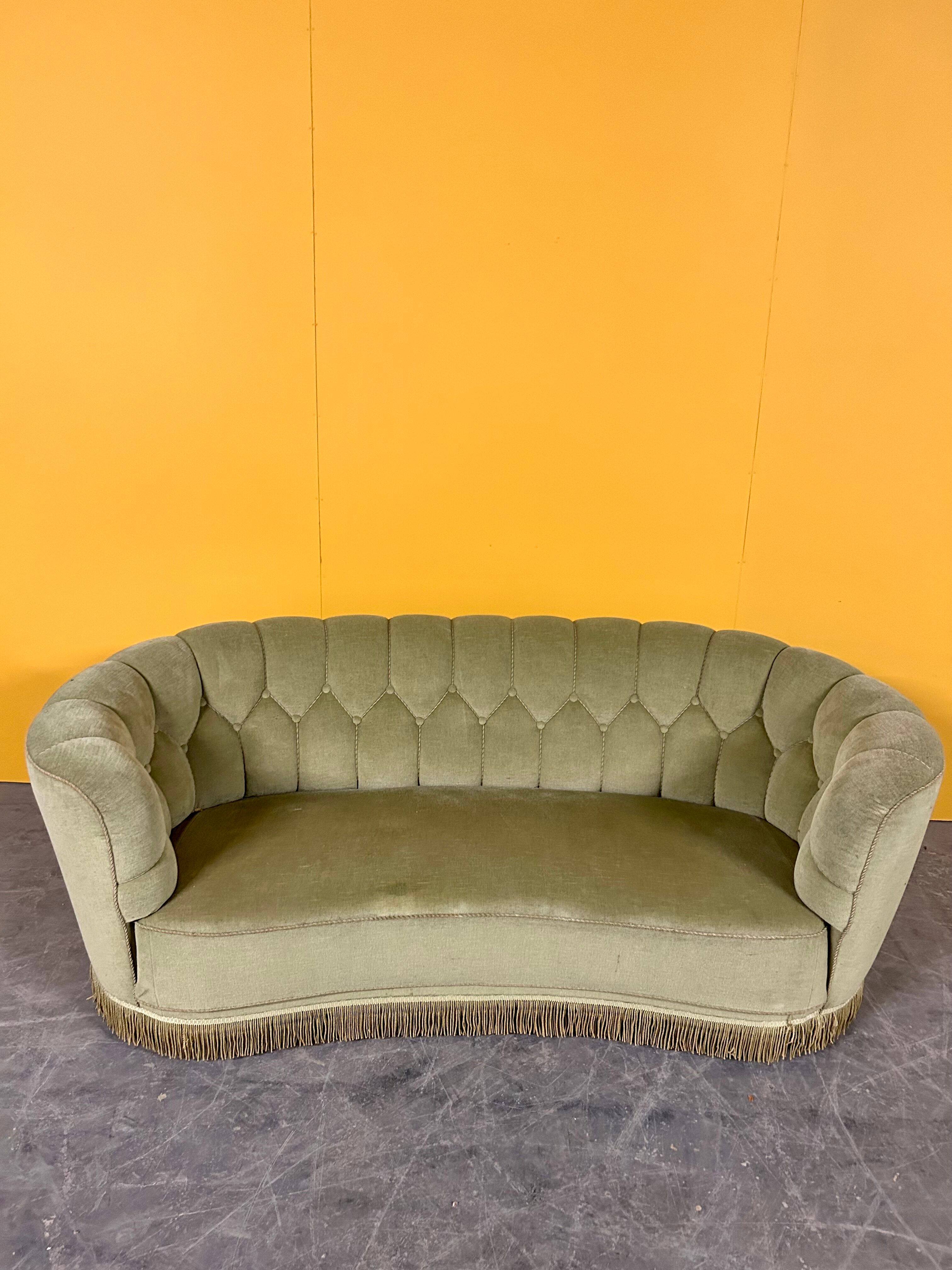 Danish 3 seater banana shaped sofa 1940s