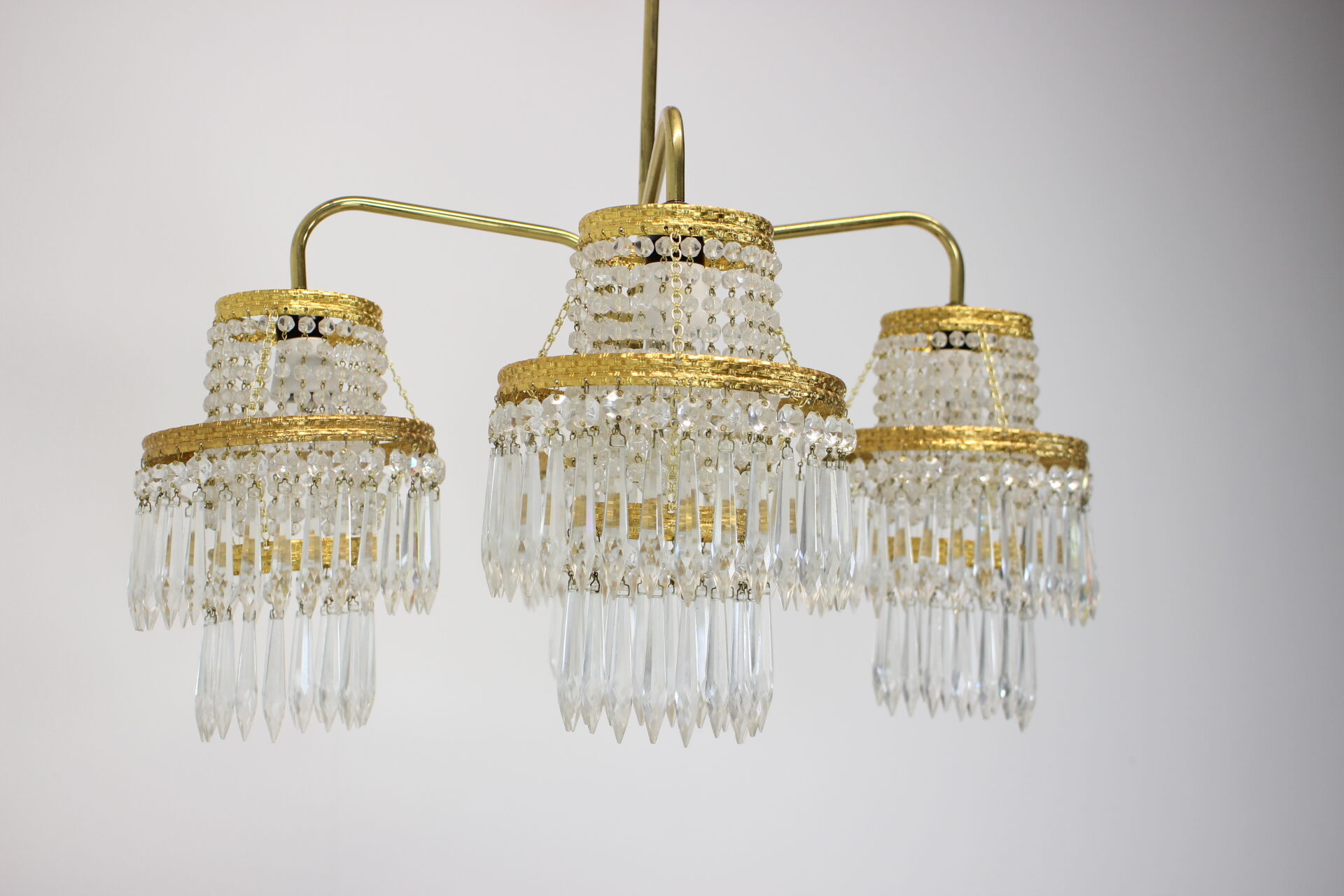 1950s, vintage crystal brass chandelier, železnobrodské sklo,czechoslovakia