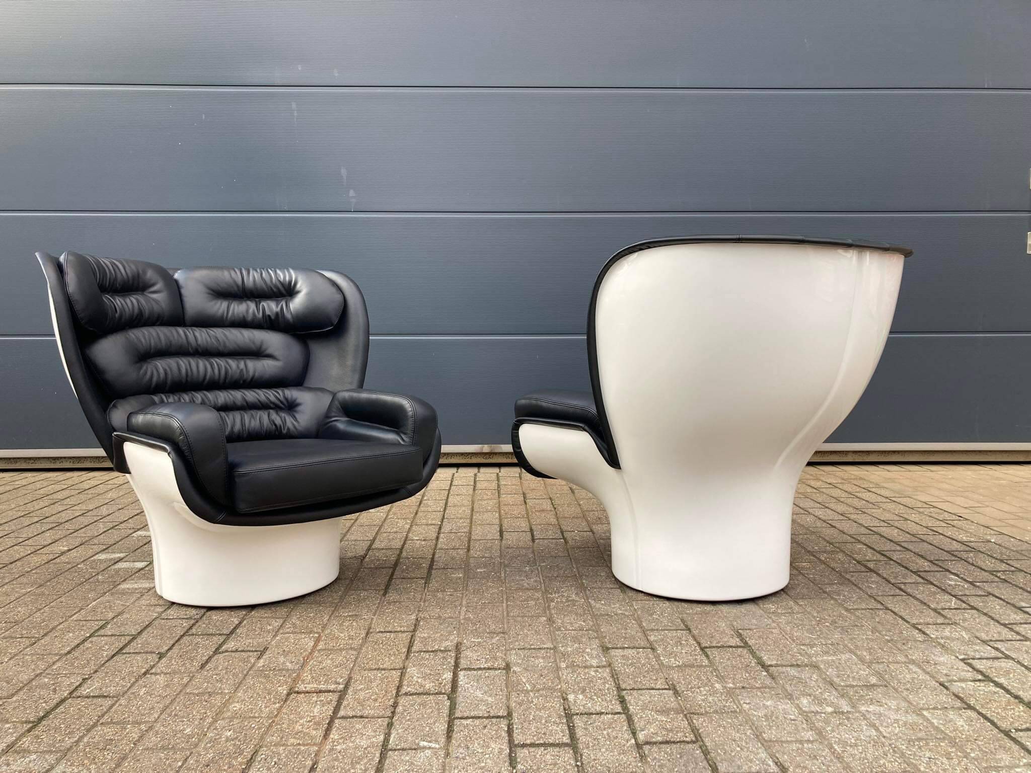 2x Joe Colombo Elda LONGHI Chair Black leather, White fiberglass