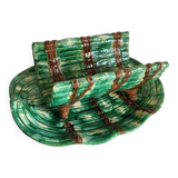 Dish and Asparagus Drainer in Green Barbotine Earthenware