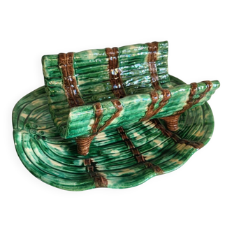 Dish and Asparagus Drainer in Green Barbotine Earthenware
