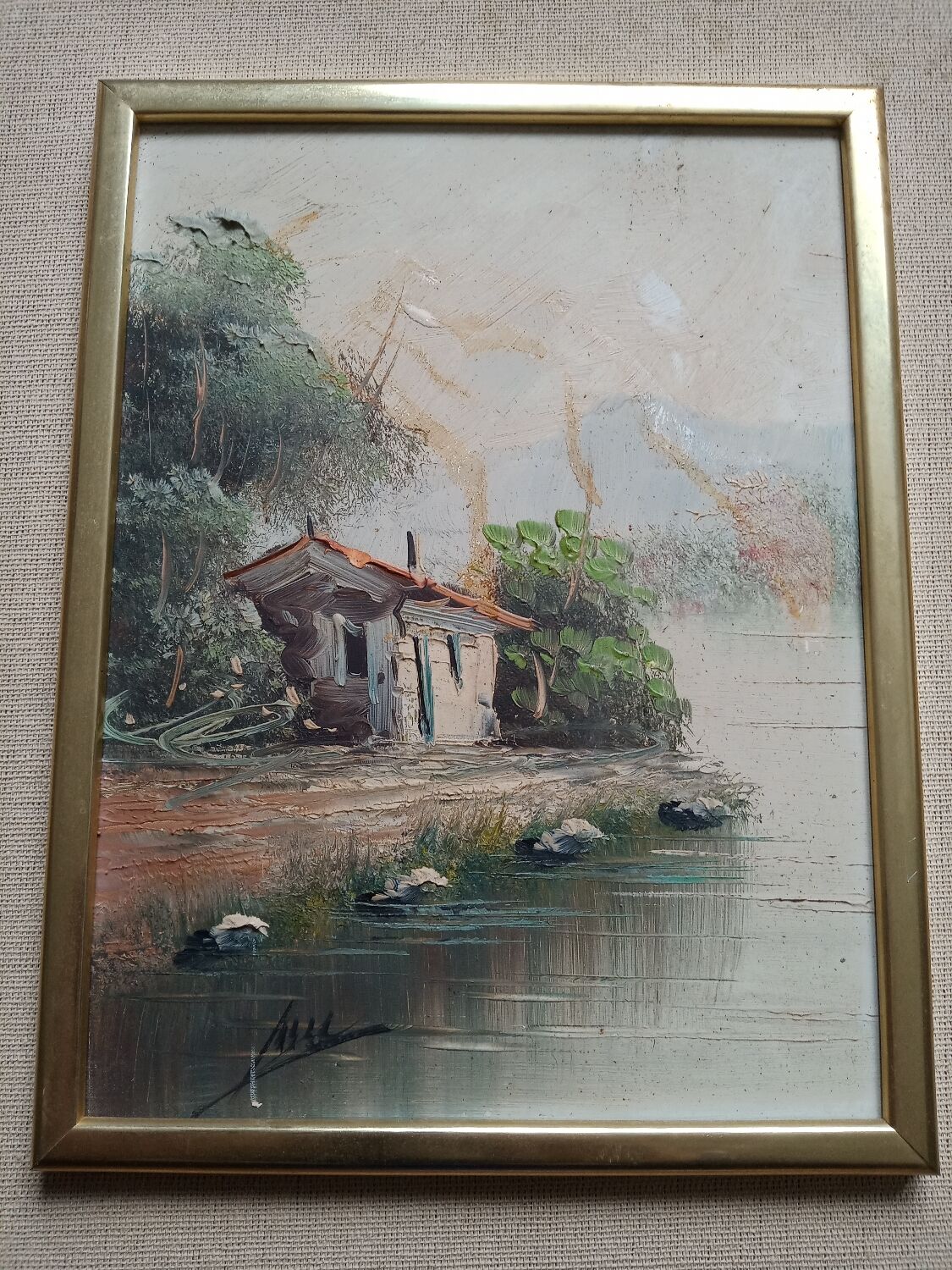 Painting on panel an abandoned house by a river signed