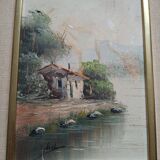 Painting on panel an abandoned house by a river signed