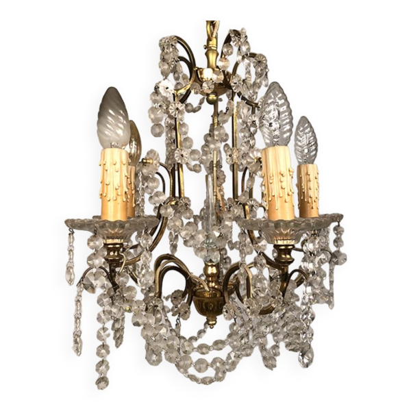 Lustre à pampilles à cinq bras de lumière, métal doré, fin XIXe