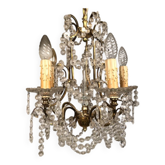 Lustre à pampilles à cinq bras de lumière, métal doré, fin XIXe