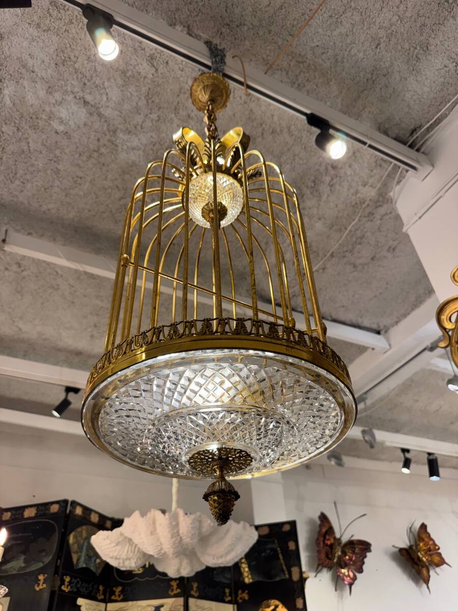 Lustre cage en cristal et bronze vers 1900