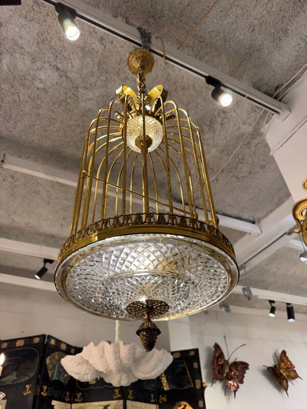 Lustre cage en cristal et bronze vers 1900