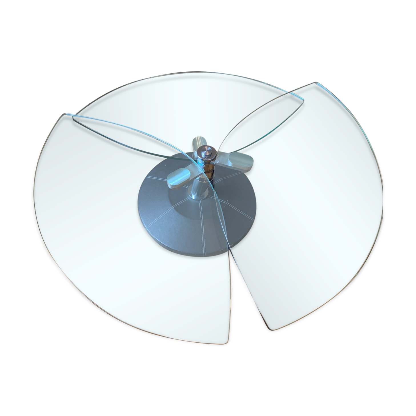 3-plate coffee table swivel steel and leather glass