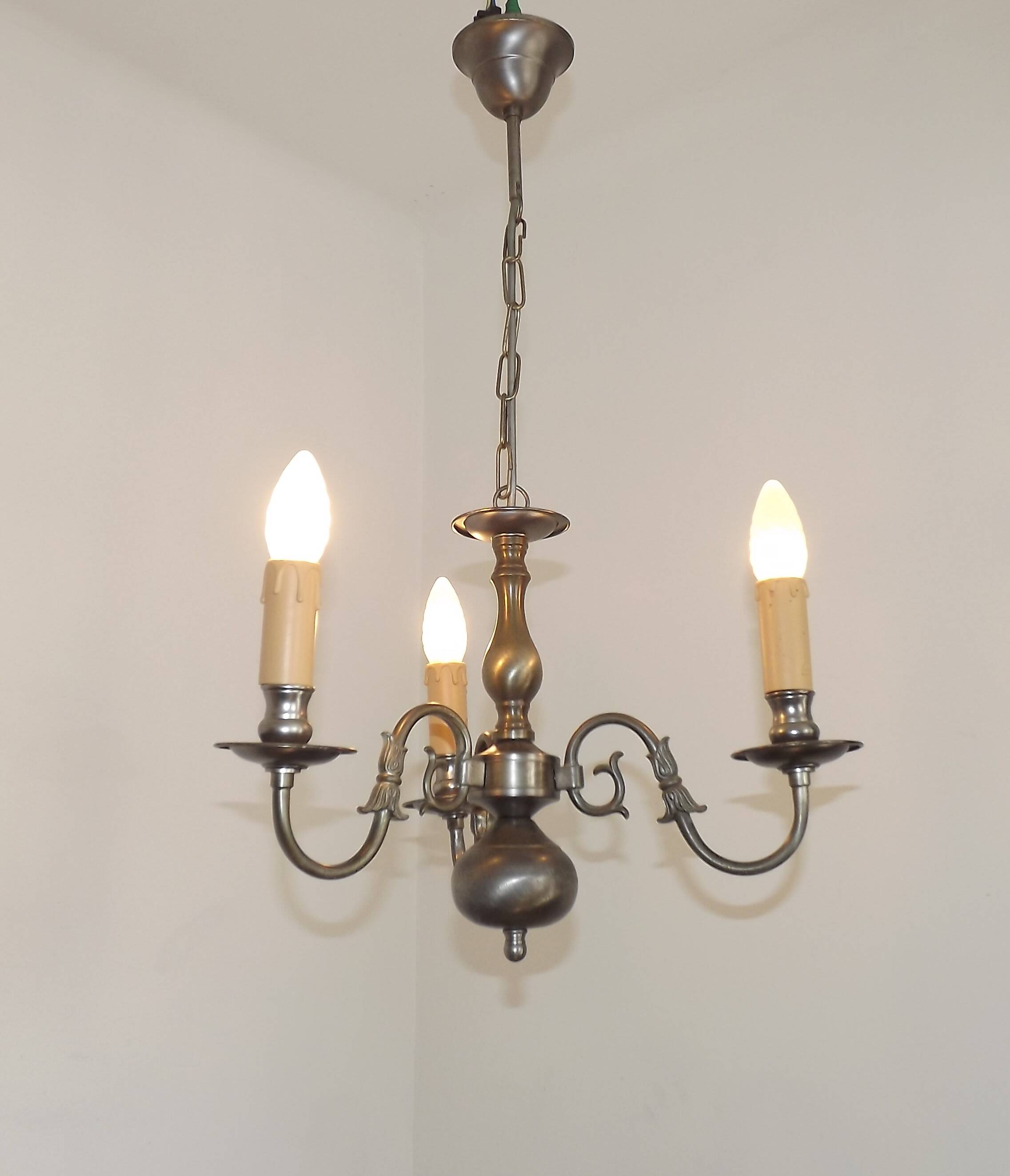Italian Vintage Silver Brushed Metal 3 Light Flemish Style Chandelier
