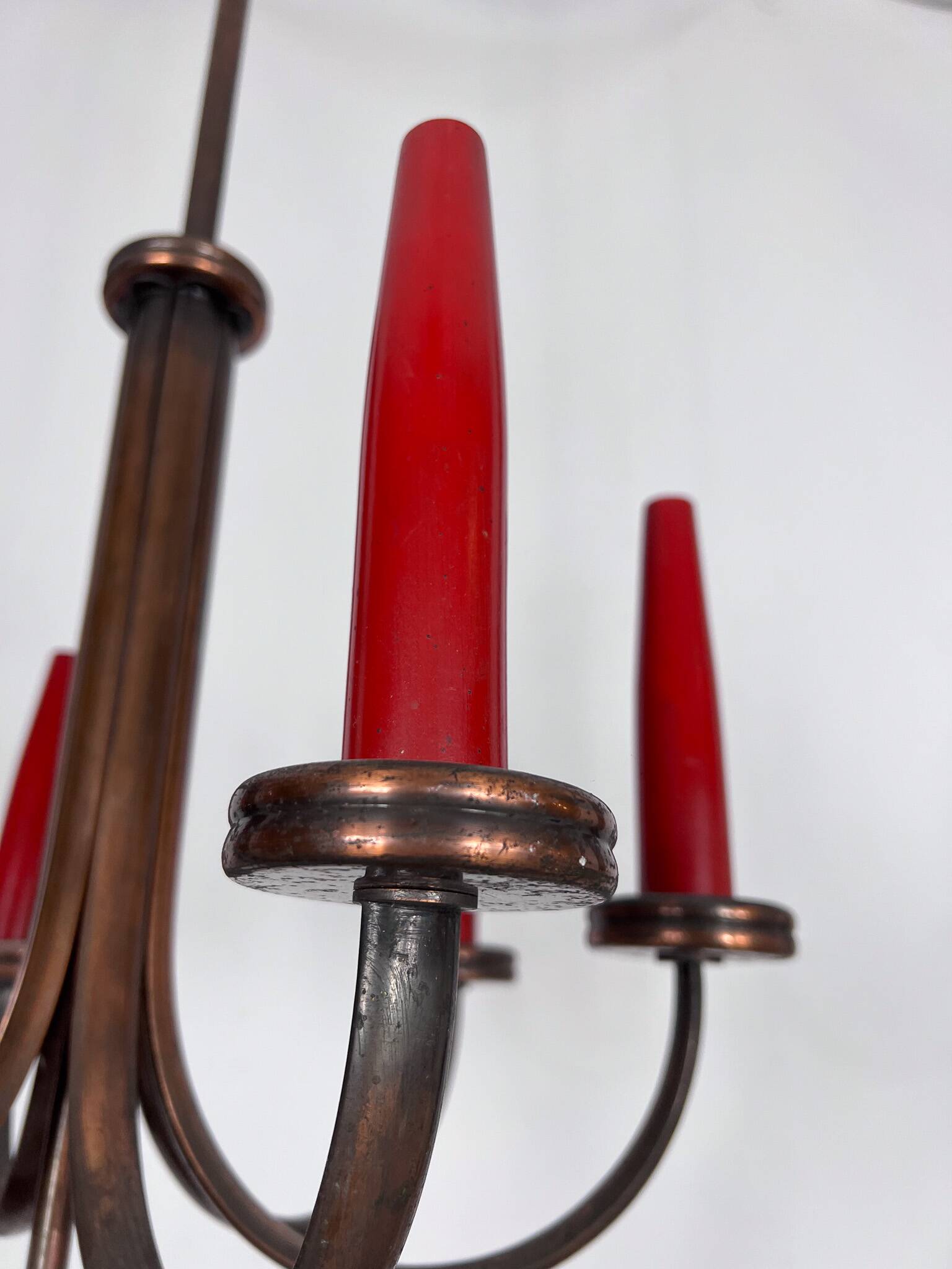 Mid-Century Modern six arms copper chandelier in Gio Ponti style. Italy 195