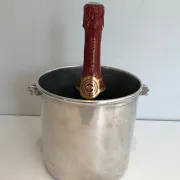 Cylindrical Silver-Plated Champagne Bucket with Small Leaf-Shaped Handles.