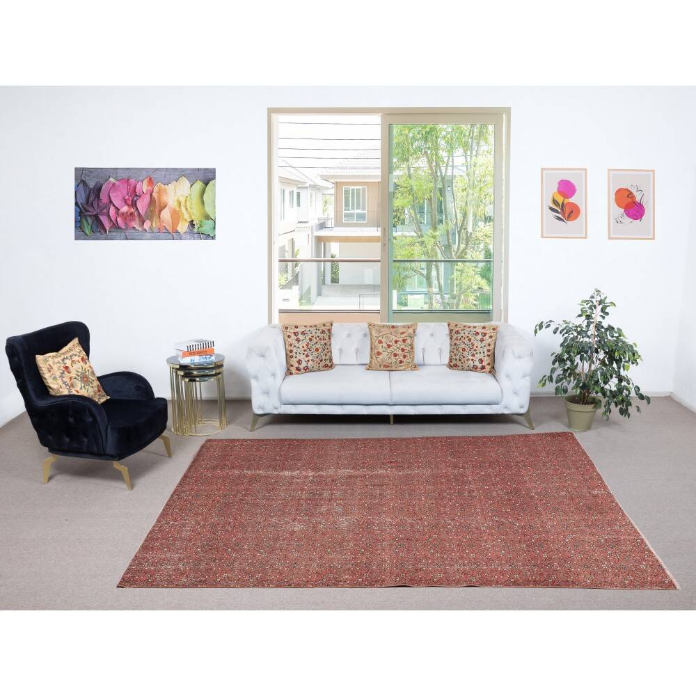 Hand-knotted Vintage Turkish Red Wool Area Rug with Floral Design for Home and Office Decor