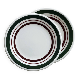 2 green and burgundy strip dessert plates.