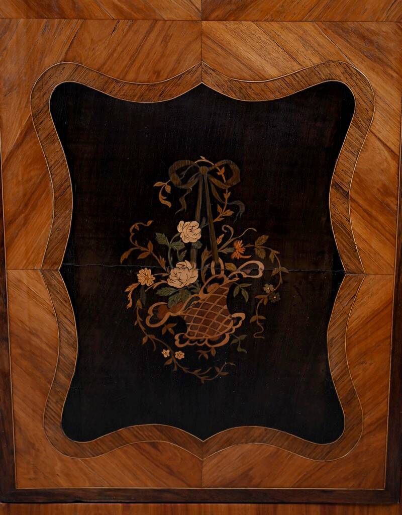 Showcase in precious wood marquetry, Louis XV Transition style.