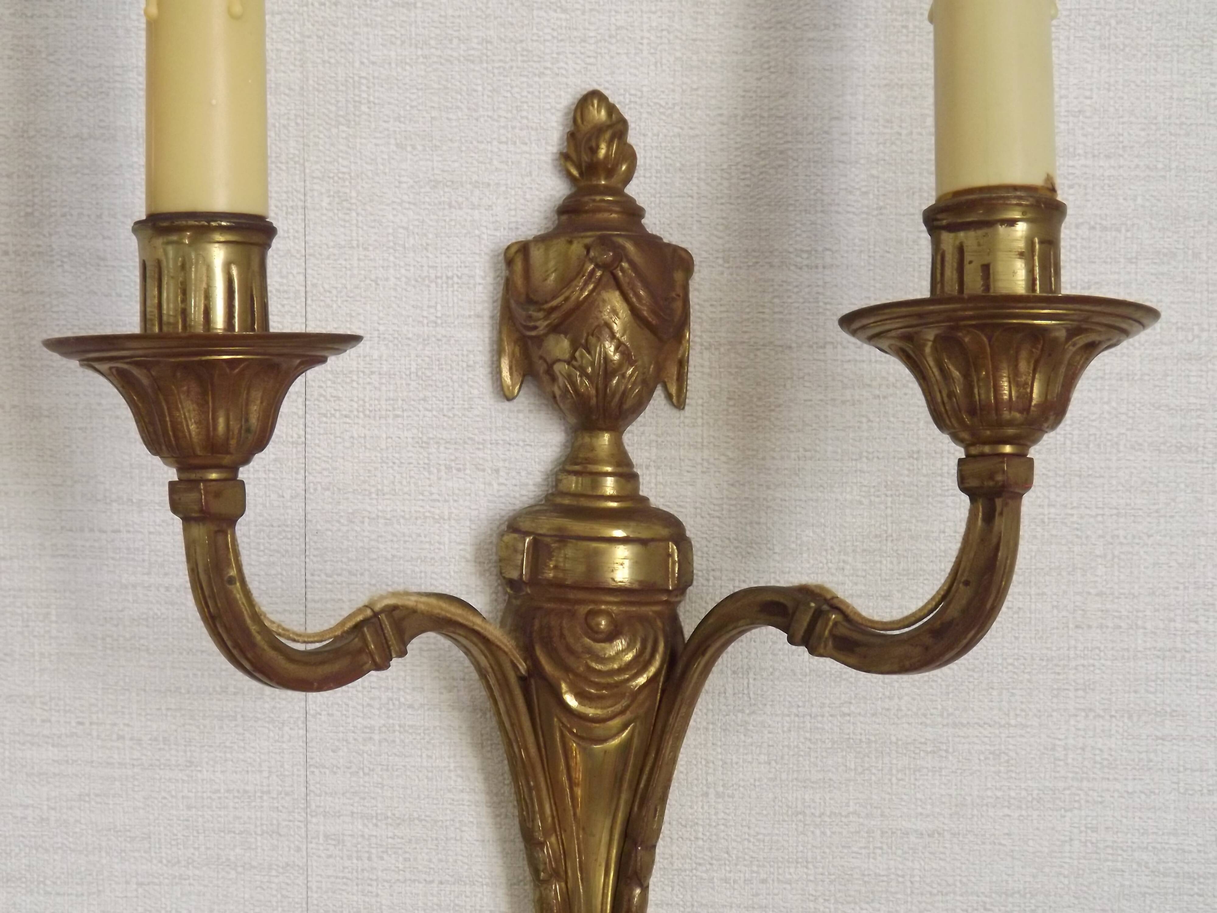 Large Bronze French Double Light Empire Wall Sconce with Urn Detail