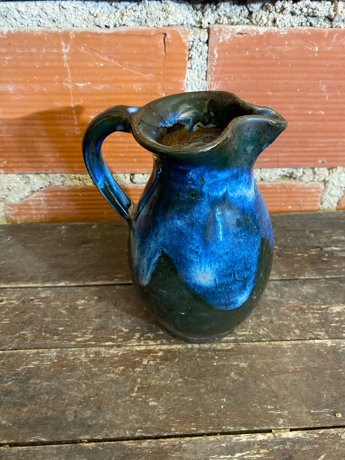Vintage 1970s Black and Blue Glazed Stoneware Jug