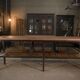 Large industrial metal console, 2 solid oak shelves