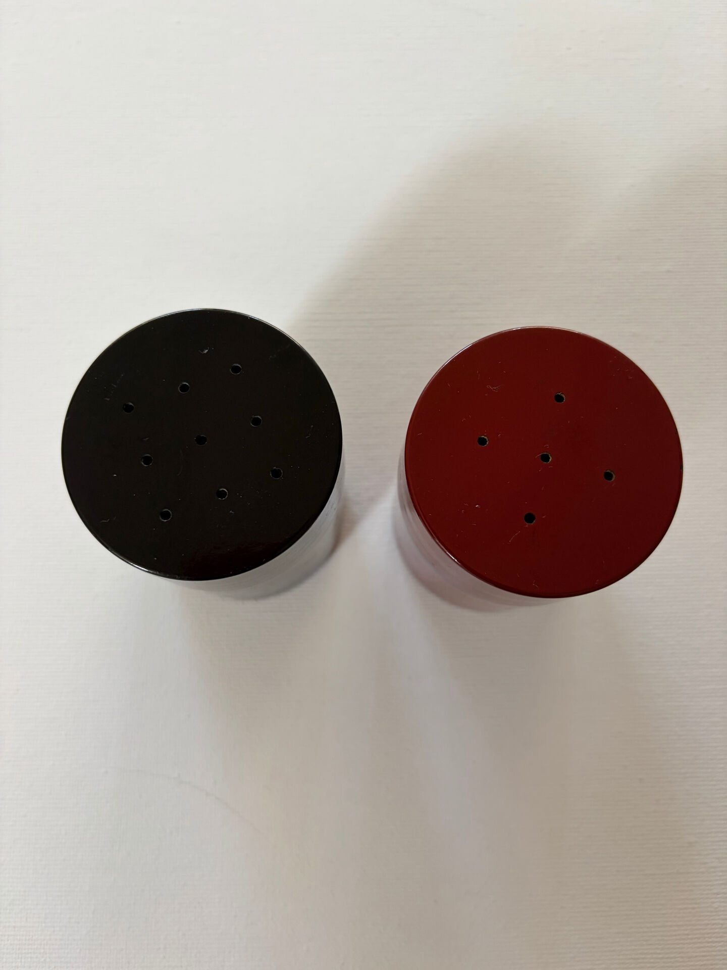 Lacquered wooden salt and pepper shakers