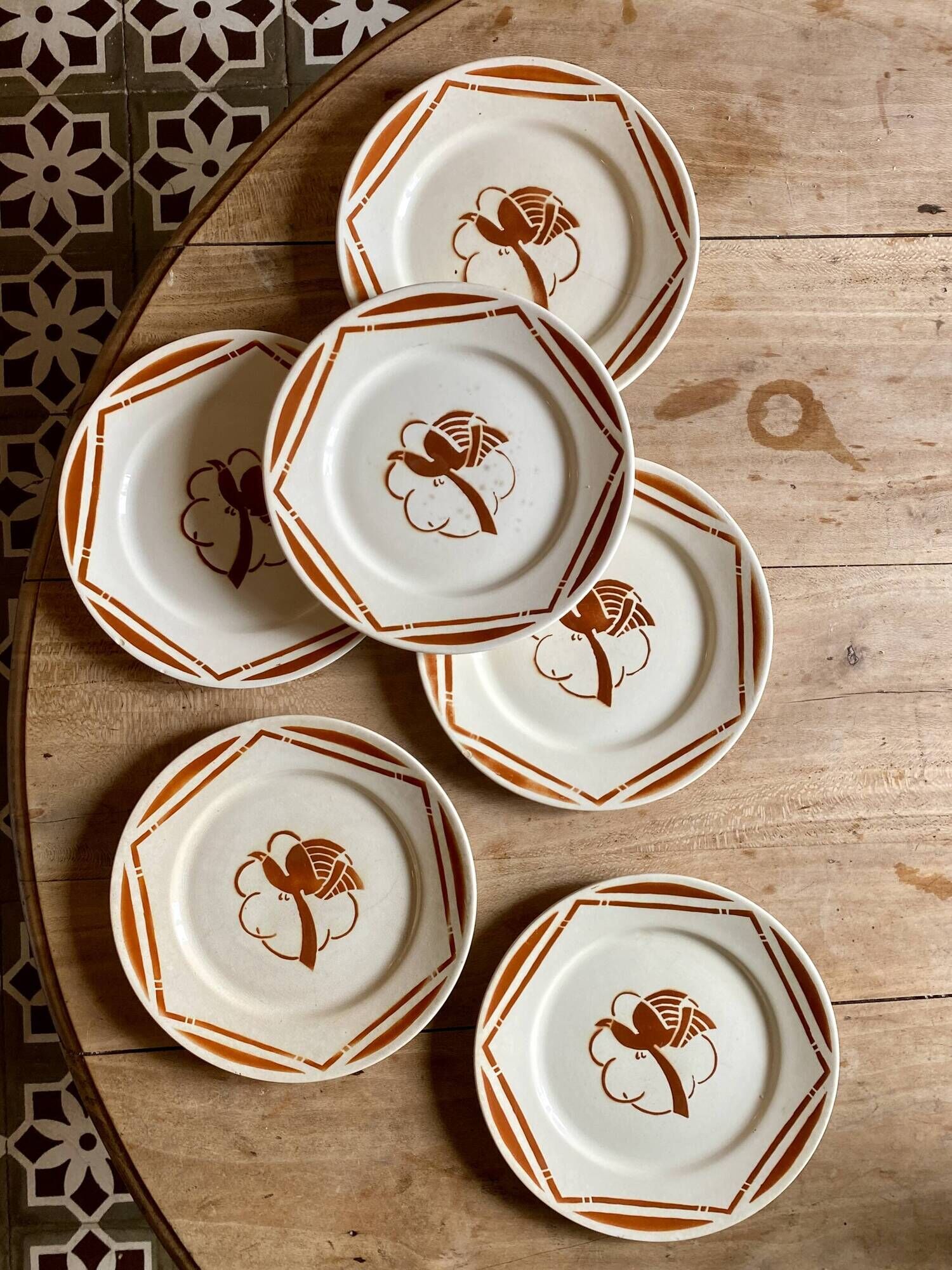 Set of 6 vintage flat plates in iron earth, Paradis de Badonvillier models