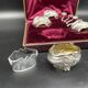 4 salt pots, silver, Ravinet D'enfert, 4 shovels, white glass interior, case, purple interior, 19th century