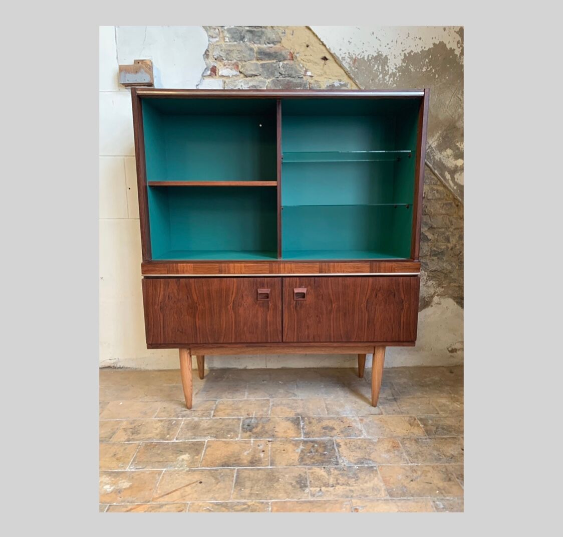 Vintage rosewood veneer top sideboard and dark green interior