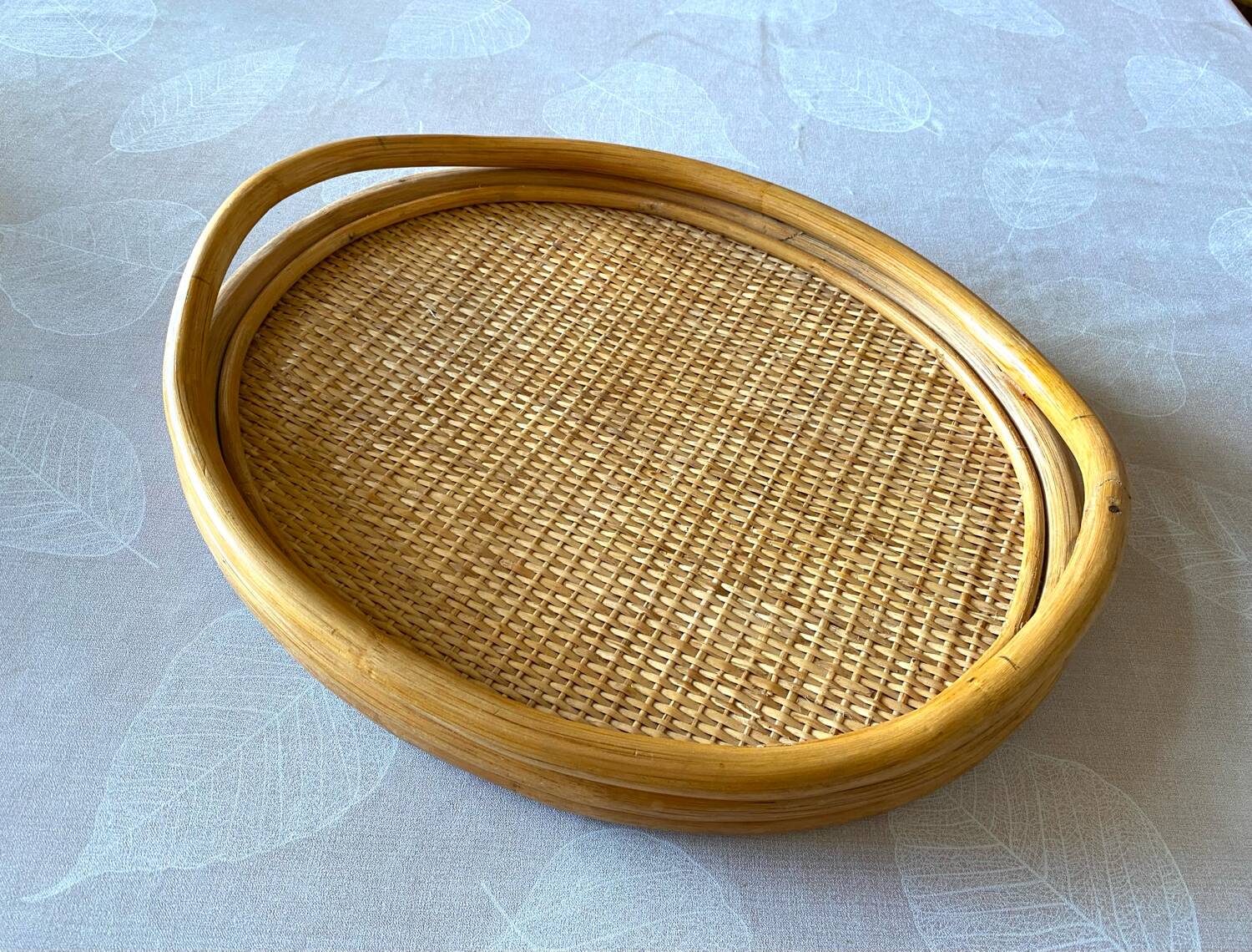 Oval tray made of rattan and bamboo from the 1970s