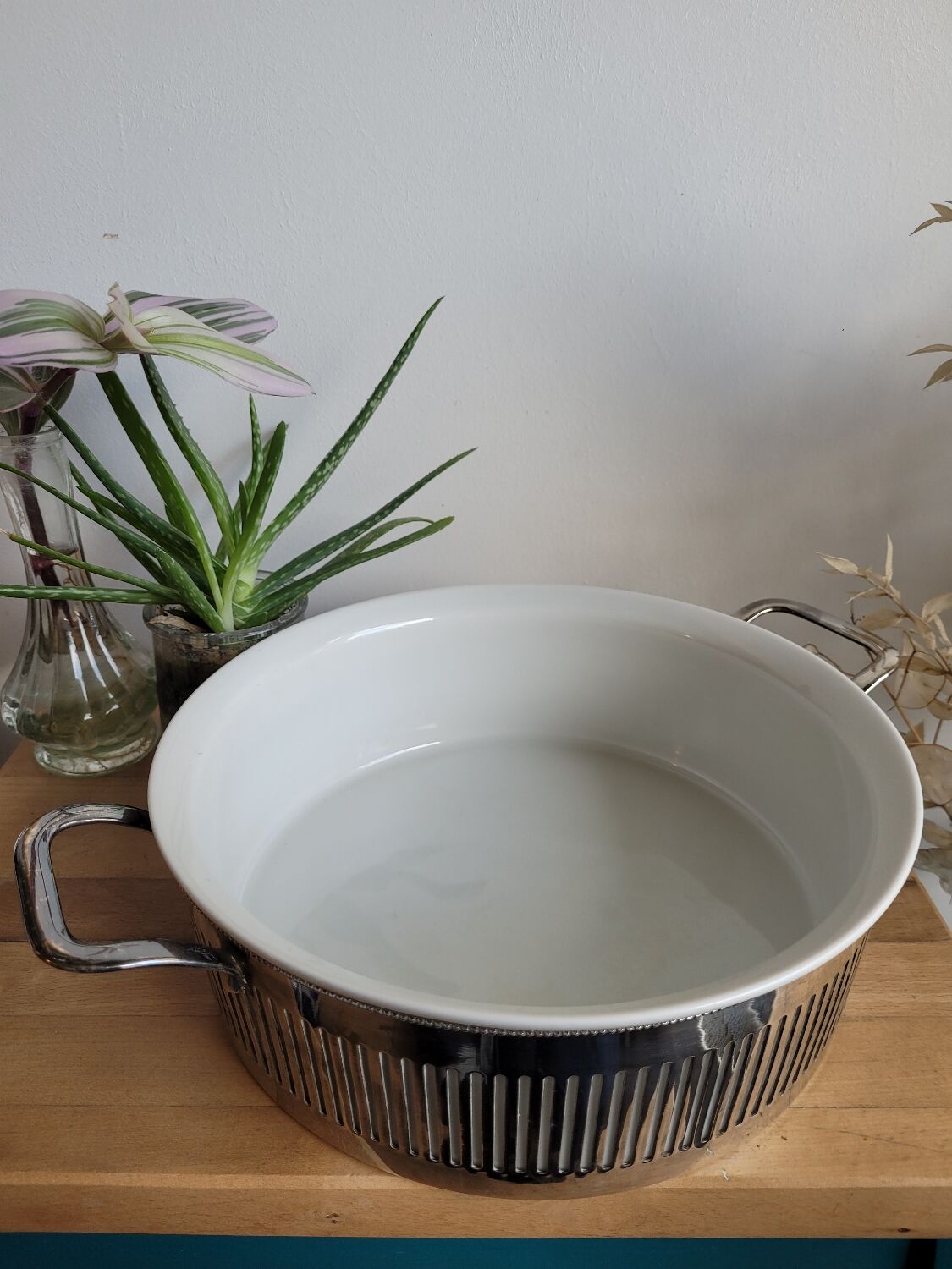 Porcelain serving dish and silver backing