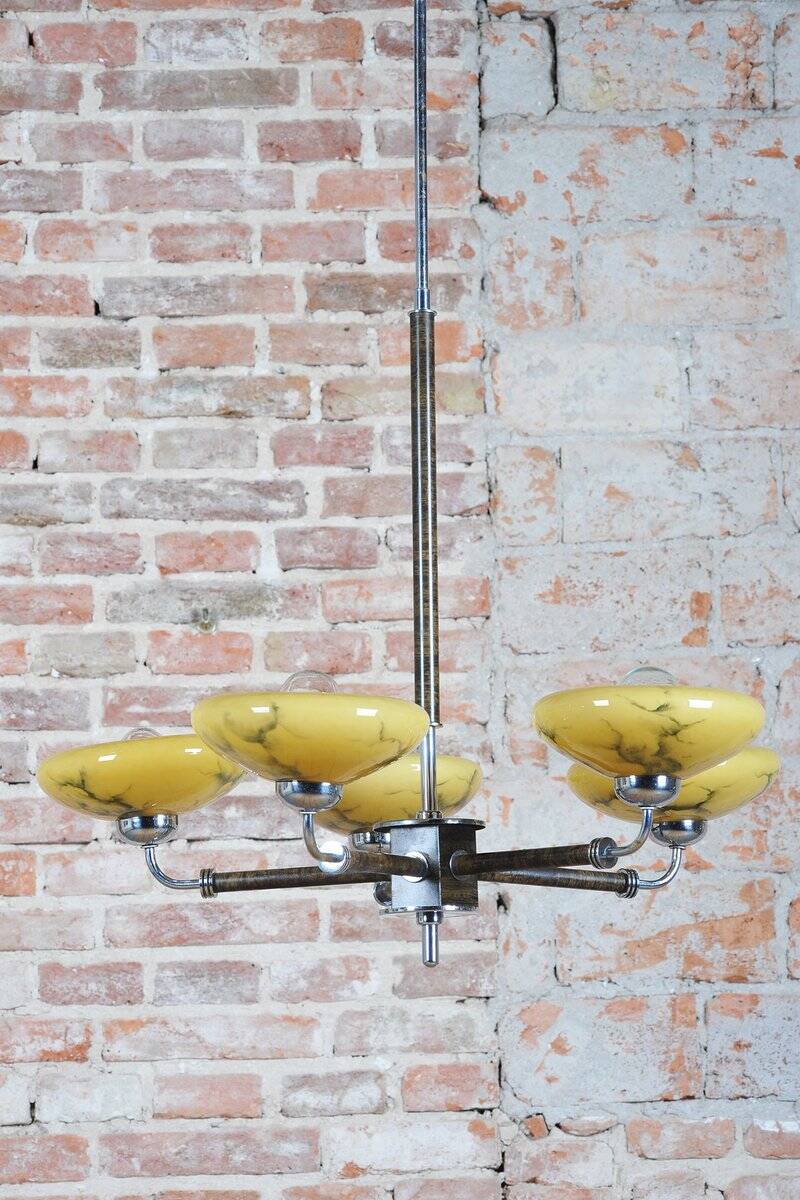 Art Deco Chandelier in Chrome, Beech, Walnut and Glass, Czech, 1920s