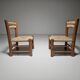 Pair of rustic French low chairs made of elm wood and straw, 1960s.