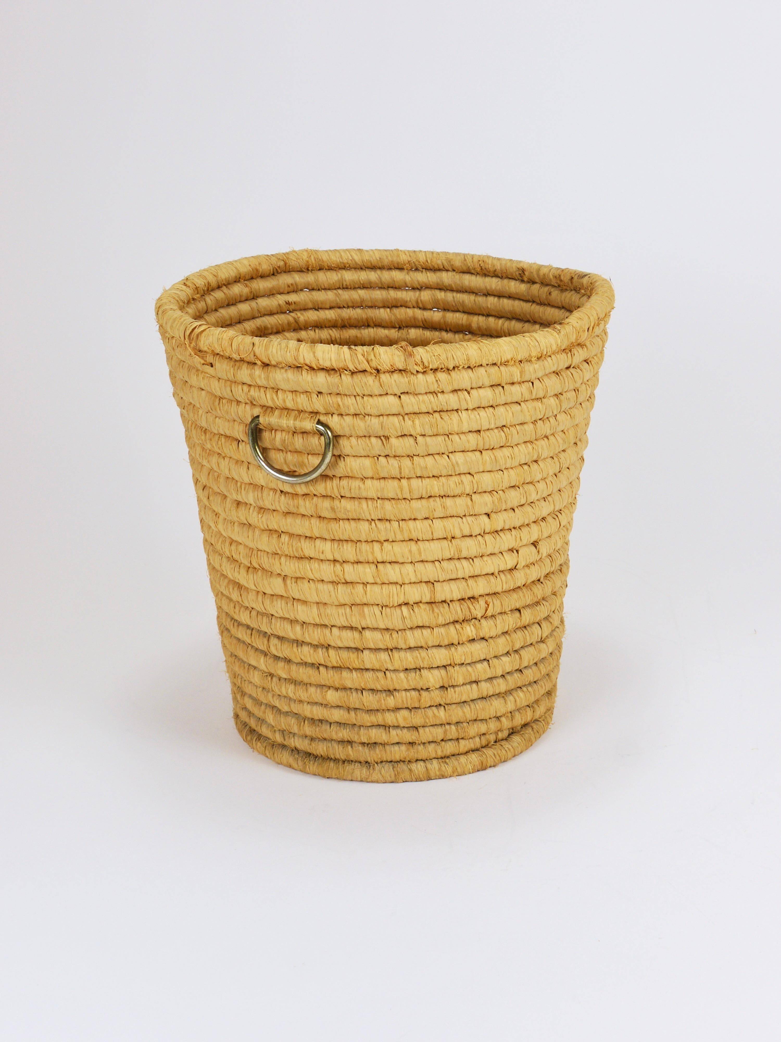 Carl Auböck II paper basket in raffia and brass, umbrella stand, 1950s