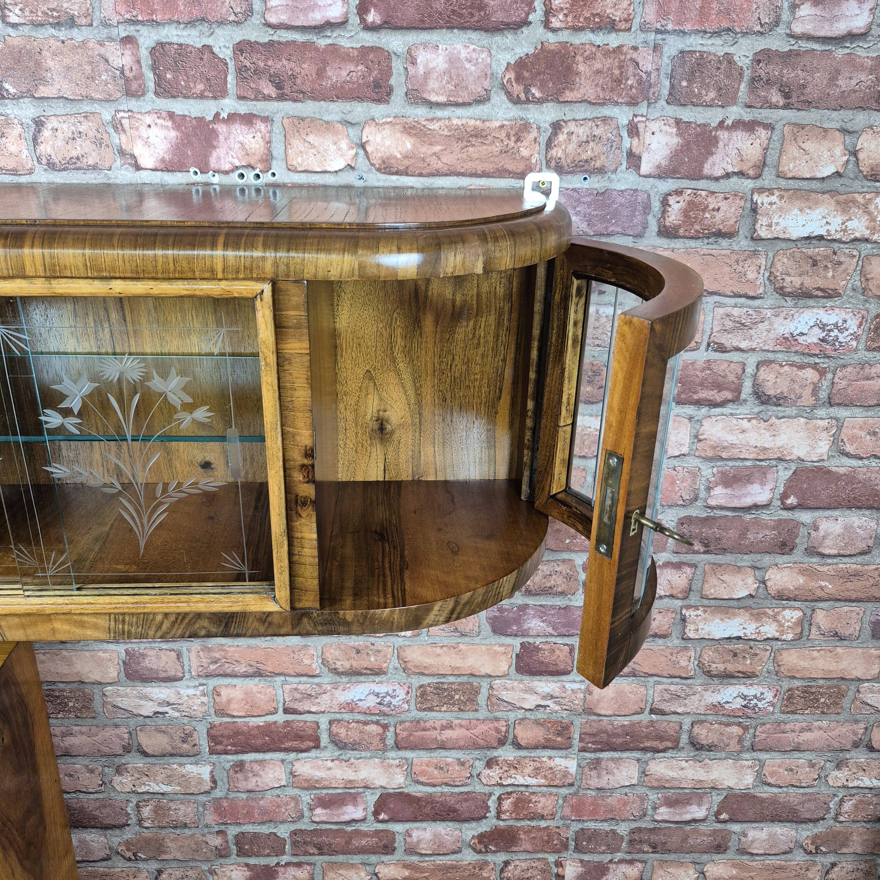 Upcycled Art Deco Walnut Wall Cabinet with Engraved and Slatted Glass - 193
