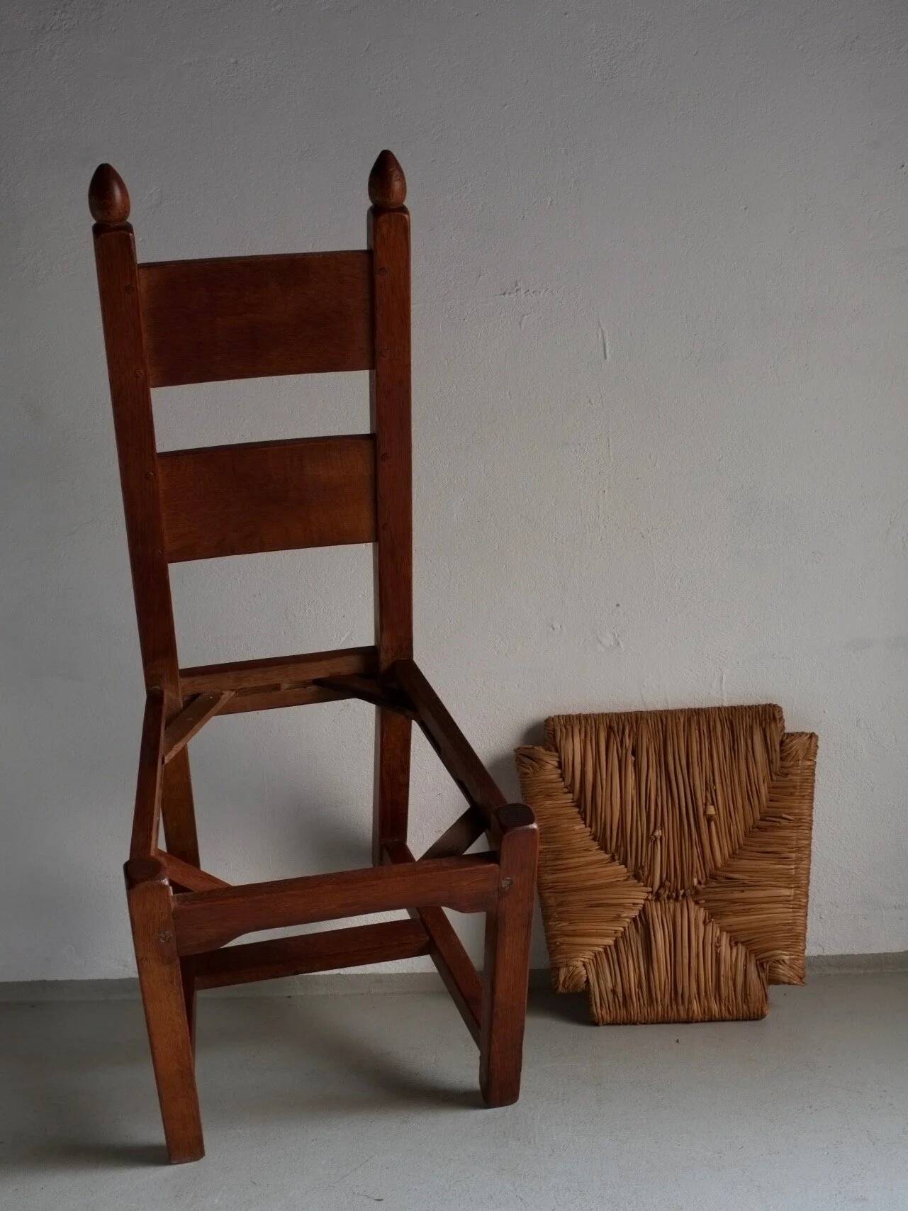 4 brutalist oak rush seat chairs | France | 1960s
