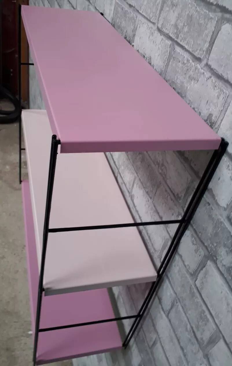 Pink metal string shelf, 2 tones, black uprights. 47x49x16 t1960 70.