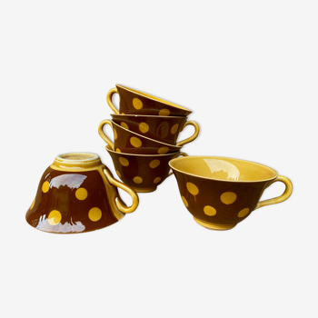 Lot de 6 tasses à café jaune et marron à pois  faïence de Sarreguemines France.