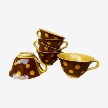 Set of 6 yellow and brown coffee cups with polka dot earthenware from Sarreguemines France.