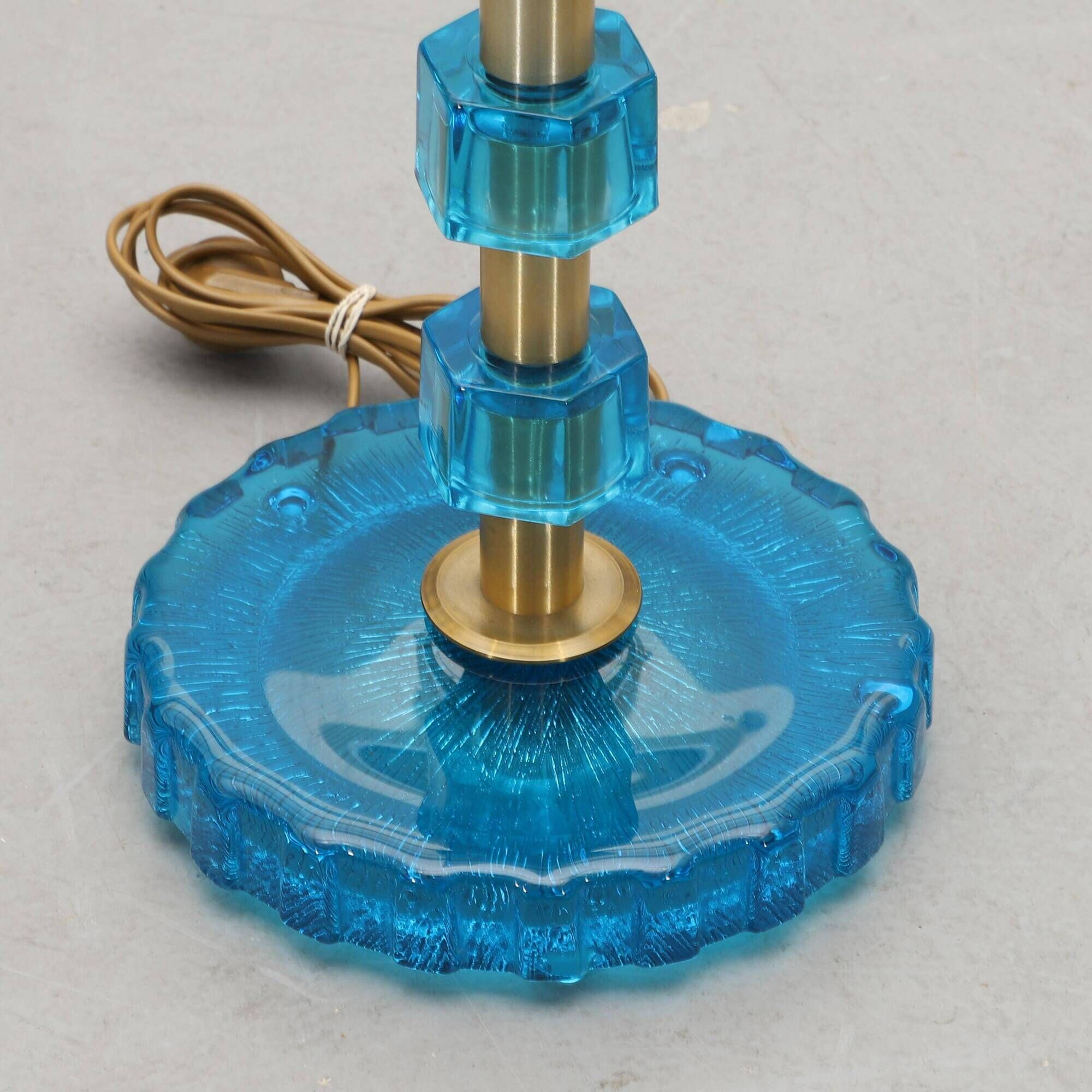 Nybro Armaturfabrik Lamp Blue Cast Glass and Brass Signed Sweden 1960