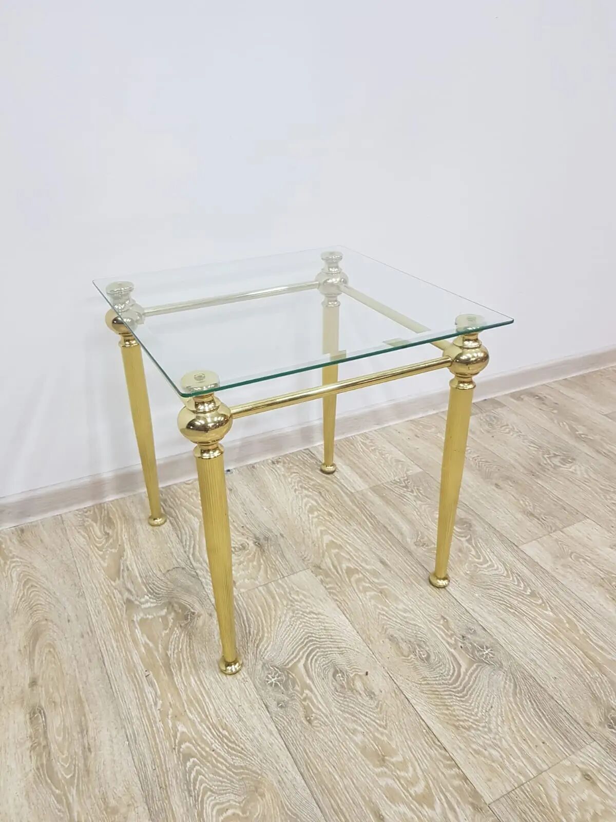 Side table, gold-tone brass, clear glass, France, 1960s.