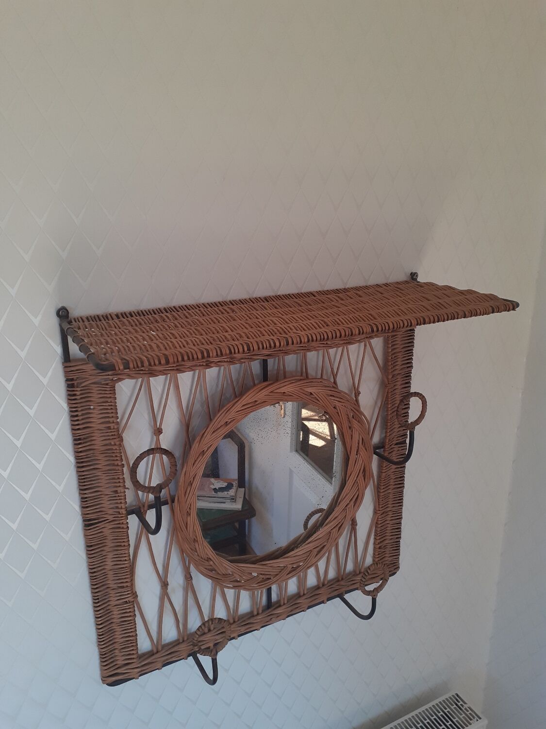 Rattan wall-mounted coat rack with mirror