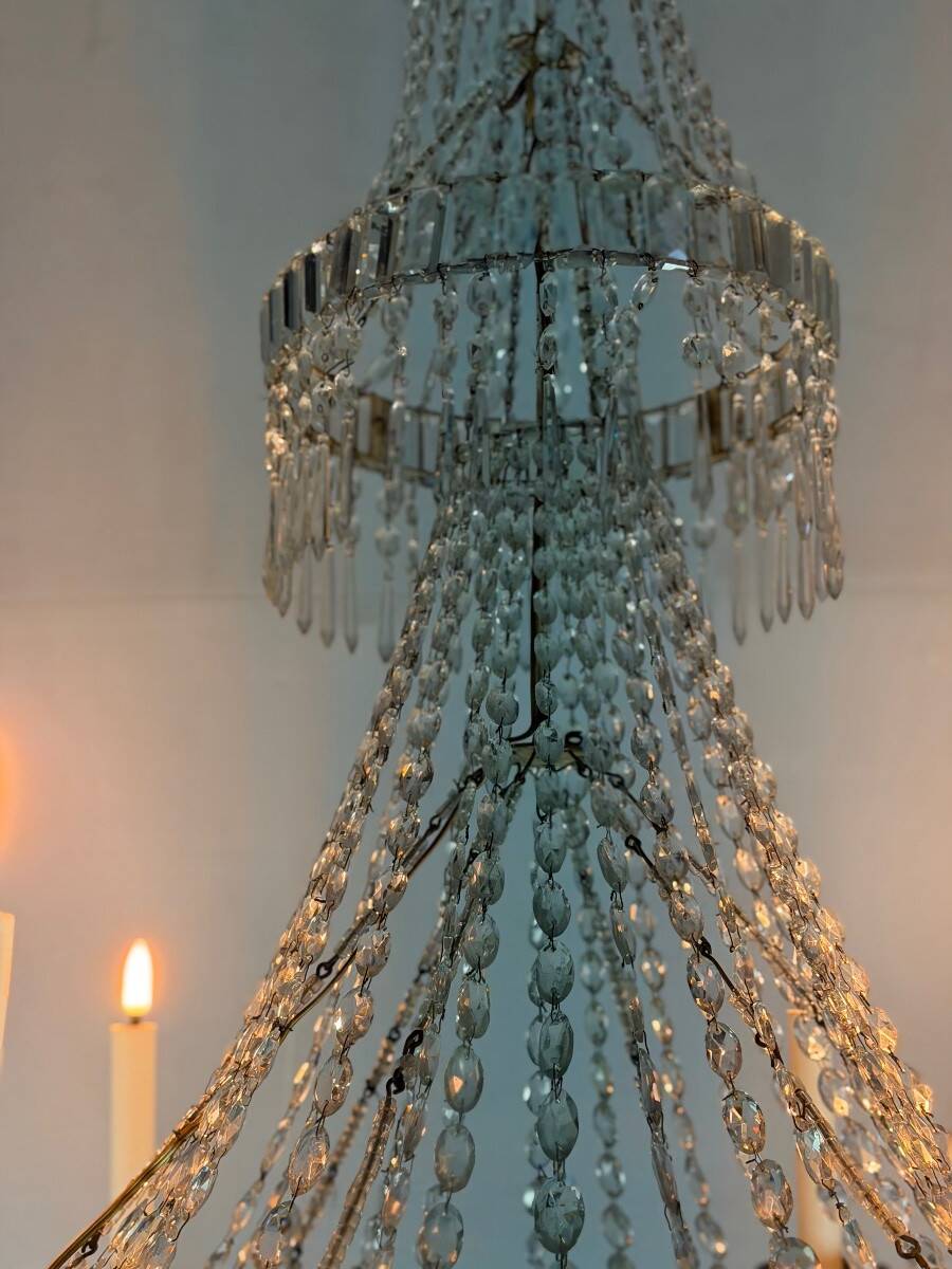 Beaded bag chandelier, six lights, circa 1800