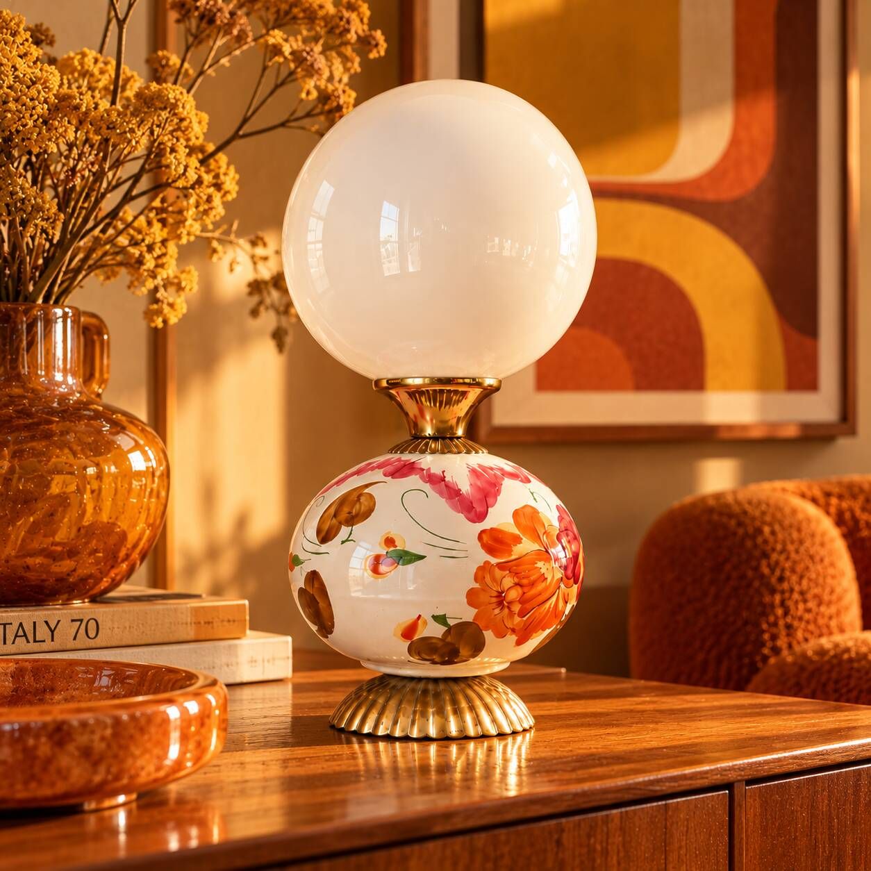 Cassandre — Table lamp in white opal, floral ceramic and brass