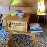 1950s wooden and rattan bedside table