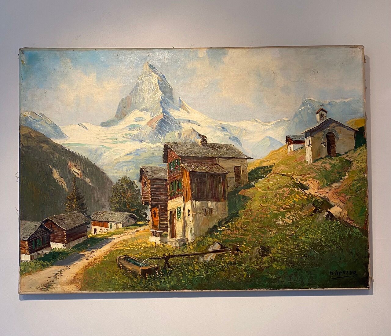 Old painting, Swiss mountain landscape signed H Herzer, mid-XX century